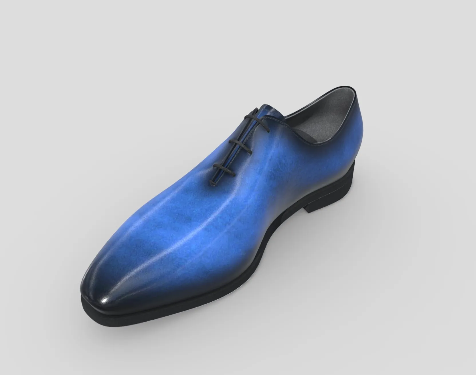 Blue patina leather shoe, rendered in 3D