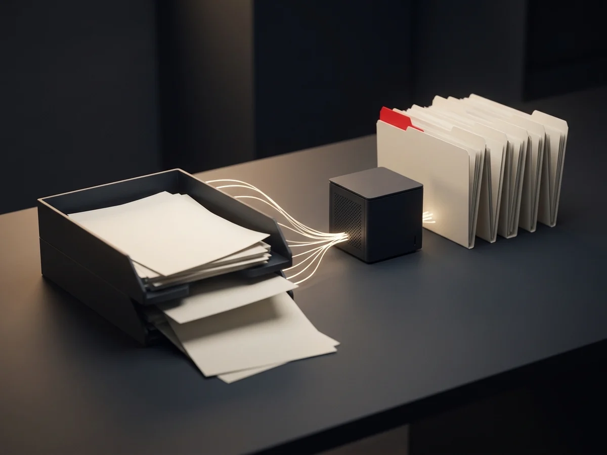 Illustration: documents leave an inbox tray, pass through a small server and come out summarized and filed in folders