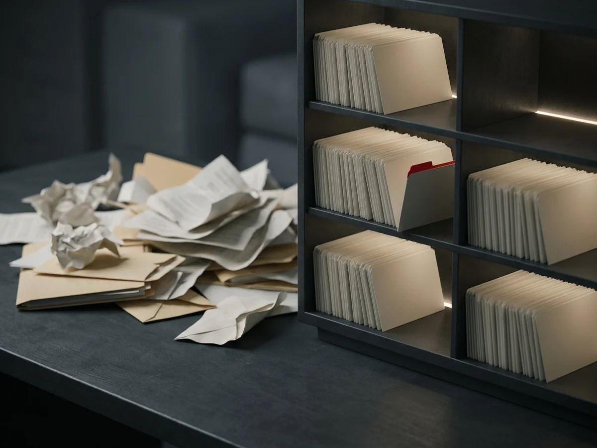 Illustration: a messy pile of papers on one side, the same documents filed as ordered cards on dark shelves on the other