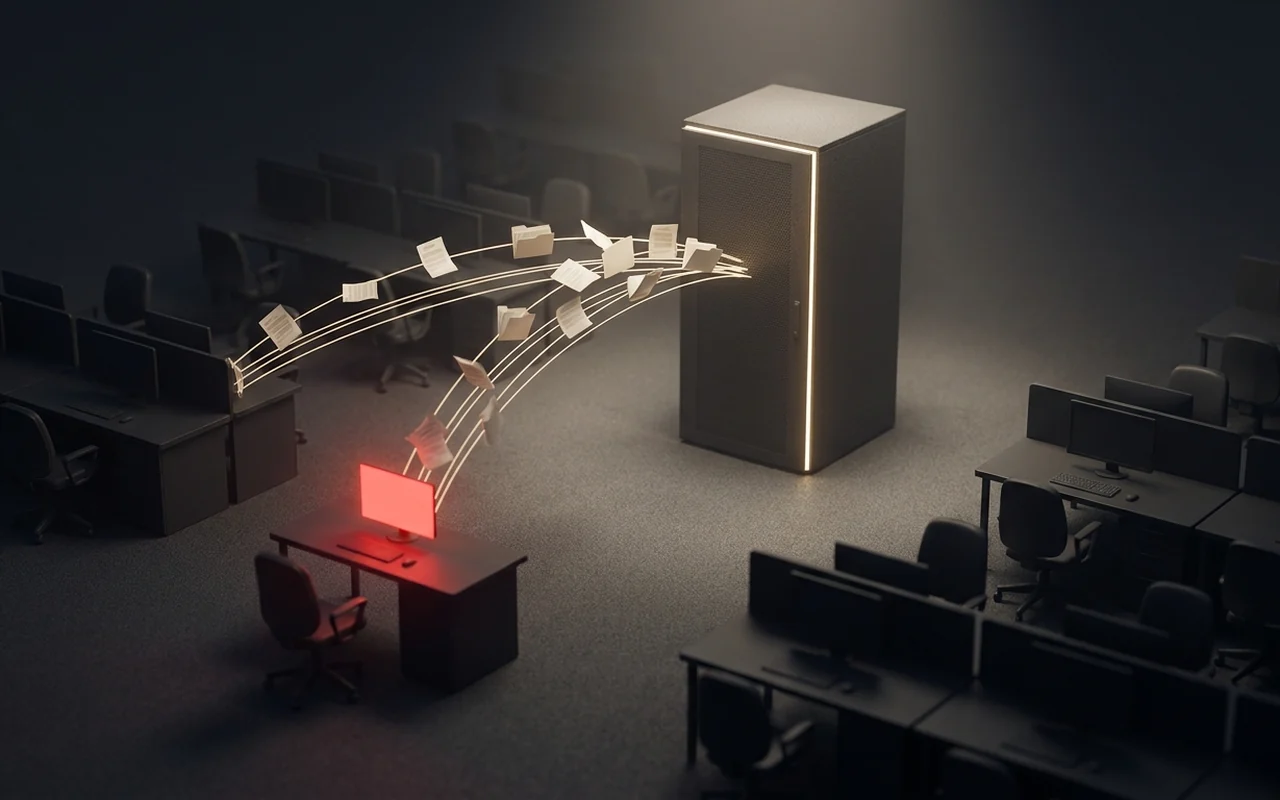 Illustration: a dark office model where documents flow from the desks into a central server cabinet, with one desk lit red where a person decides