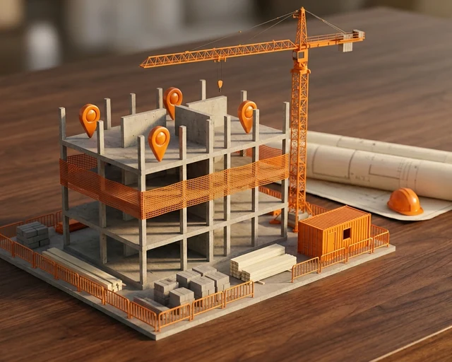 AI illustration: construction site model with orange pins marking punch-list items