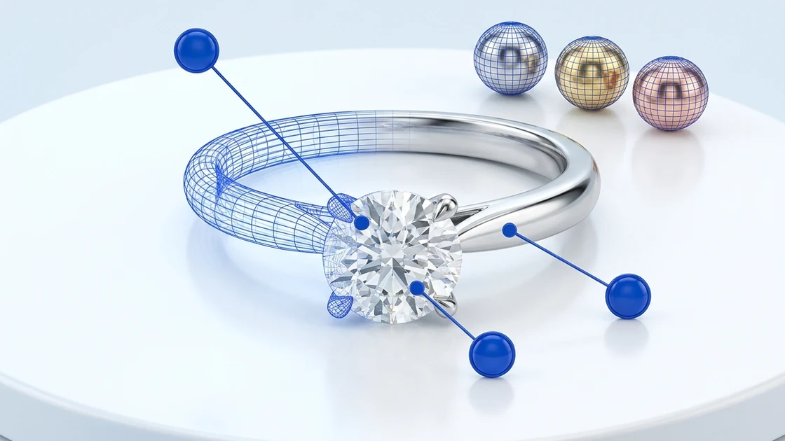 AI illustration: a diamond ring under review, its 3D wireframe overlaid, with blue review pins and metal variant swatches