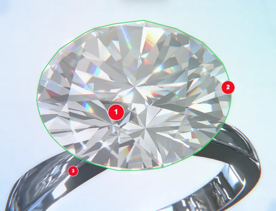 Numbered review markers pinned to a diamond ring model in VizFlow