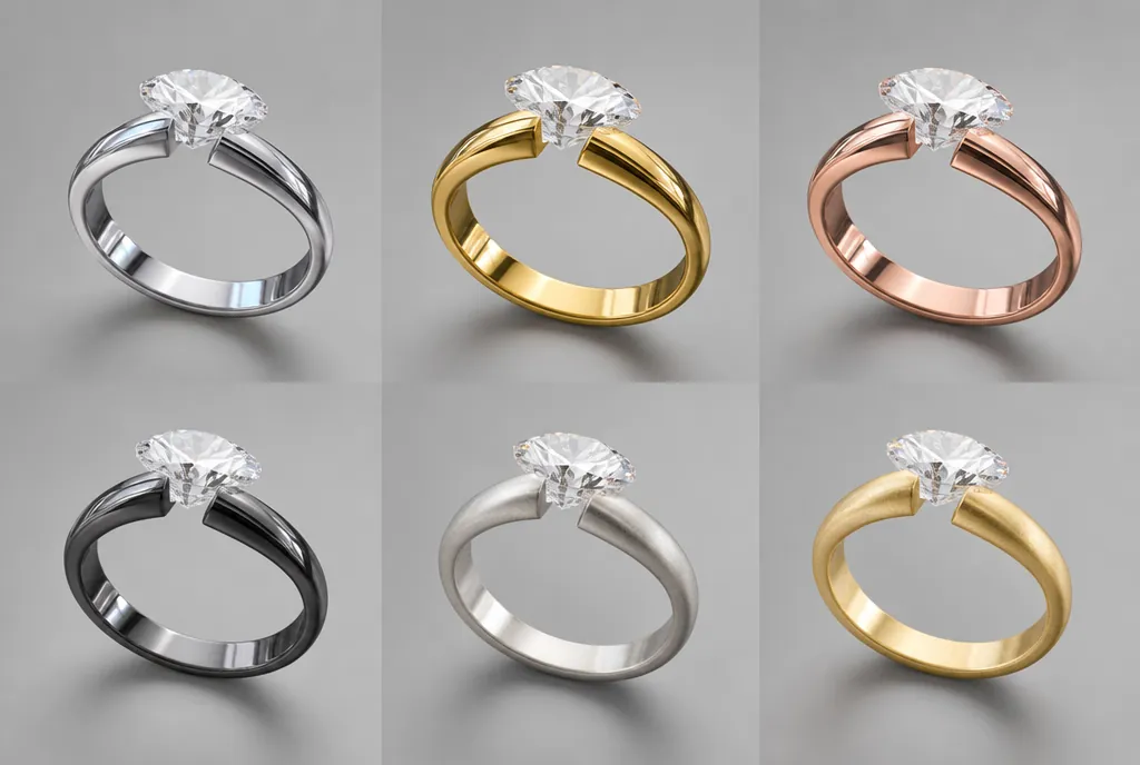 One ring rendered in six metals from a single 3D model